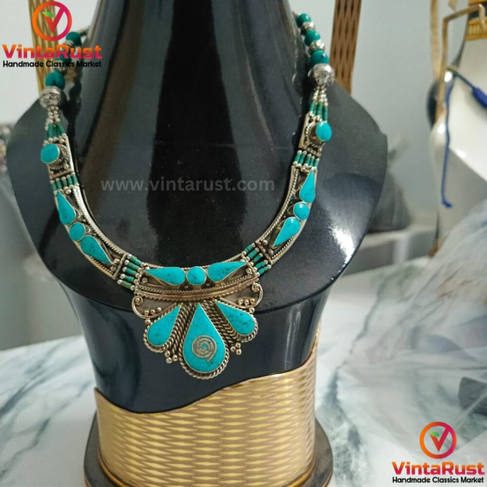 Statement Turquoise Choker Necklace, Nepalese Tribal Stylish Choker Necklace,